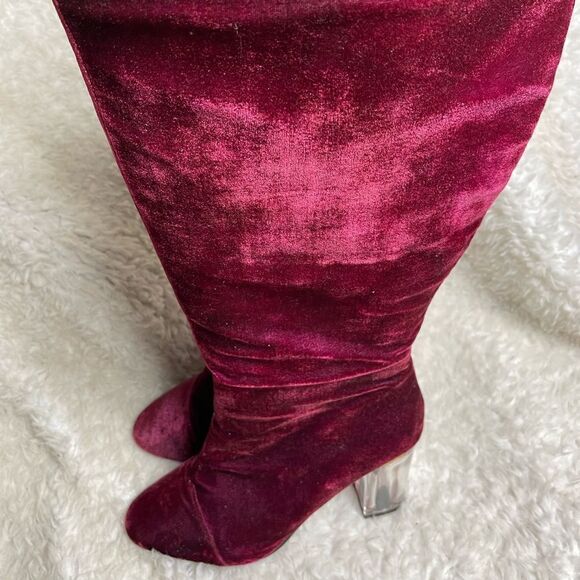 Ashley Stewart Fabric suede Burgundy knee high clear heel boots SZ9W - Picture 1 of 13